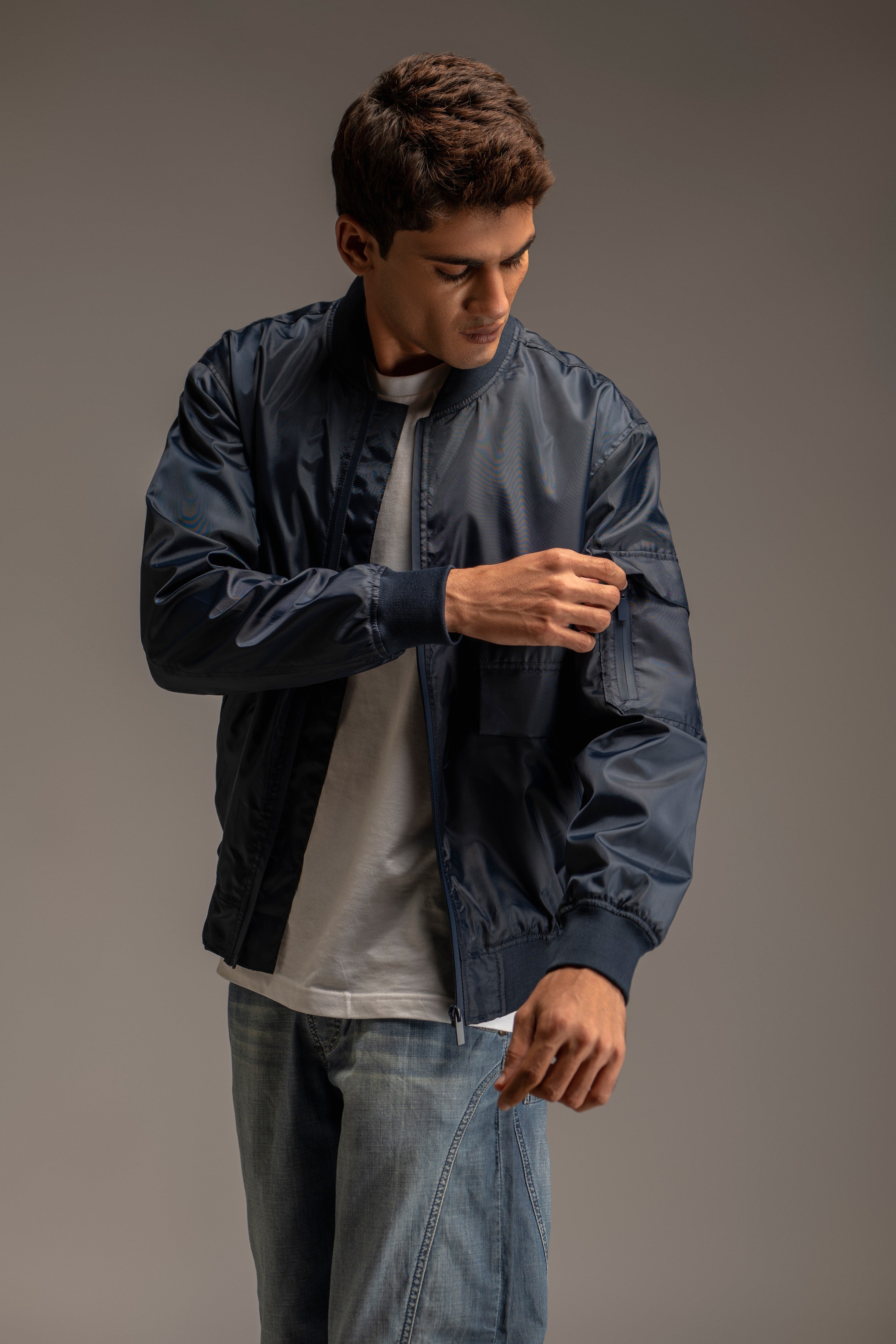 Navy Nylon Bomber Jacket