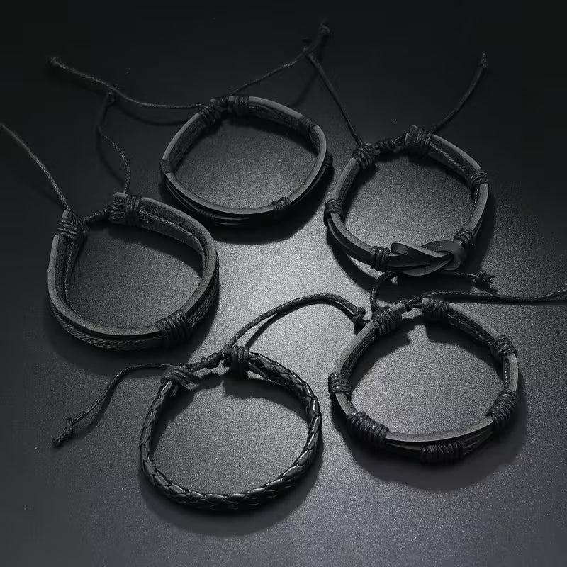 5-Piece Black Handwoven Men's Bracelet Set