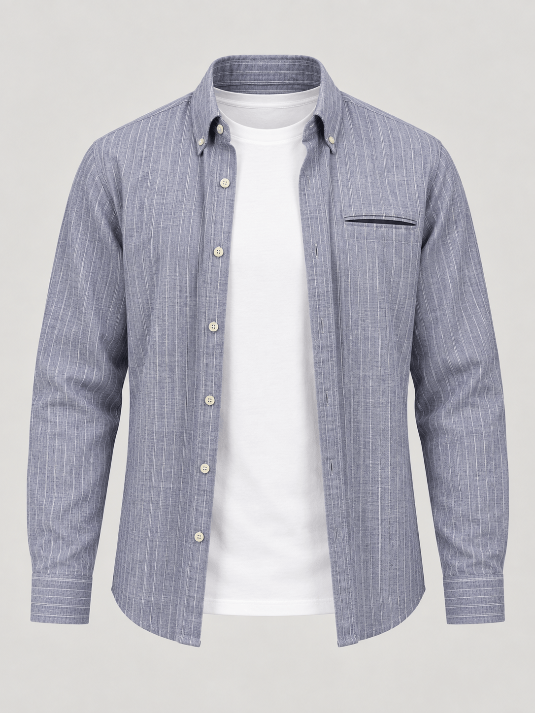 Men's Cotton Linen Blend Stripe Button Down Shirt.