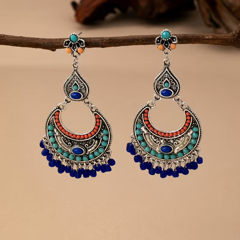 Boho Turquoise Moon Tassel Earrings