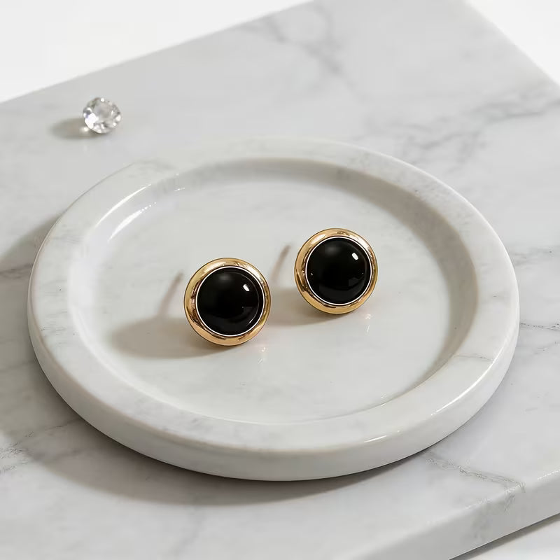 Black Acrylic Dome Stud Earrings with Gold Trim