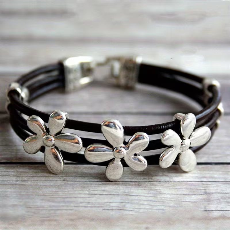 Boho Faux Leather Flower Charm Bracelet