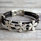 Boho Faux Leather Flower Charm Bracelet