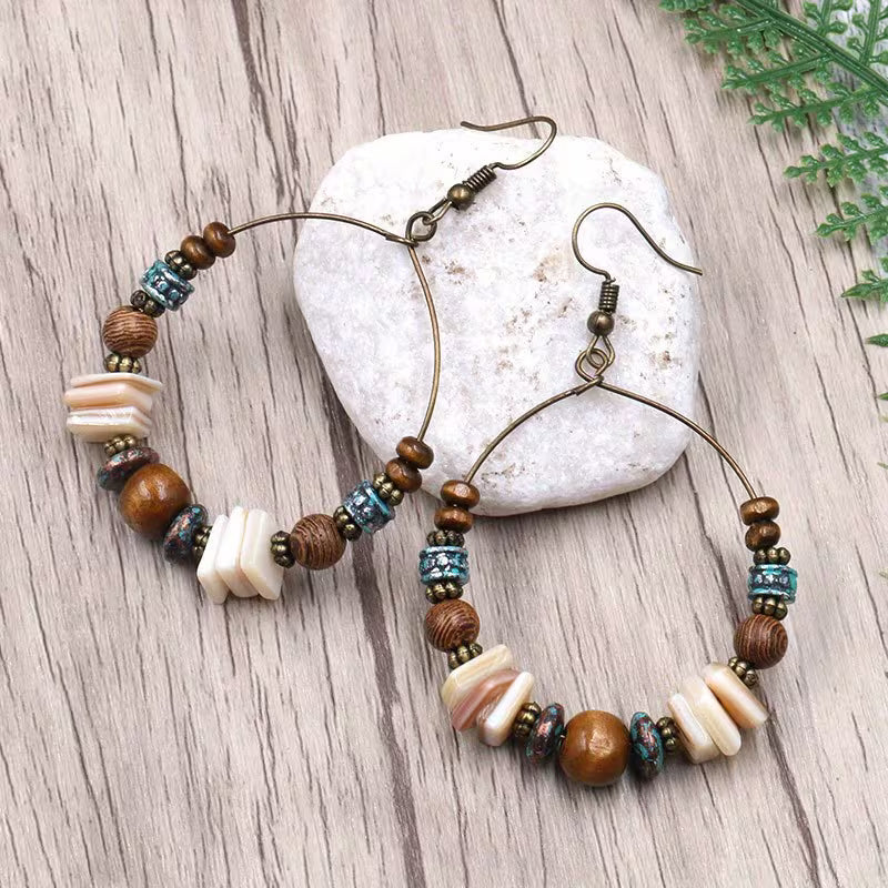 Handcrafted Shell & Wooden Bead Large Hoop Earrings