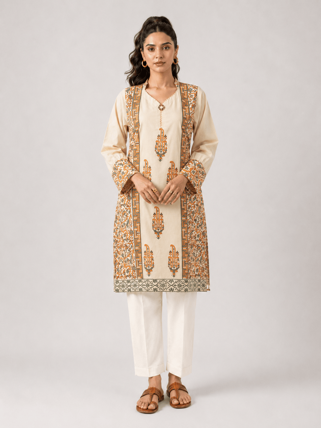 Beige Block-Print Kurti Set