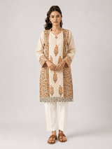 Beige Block-Print Kurti Set