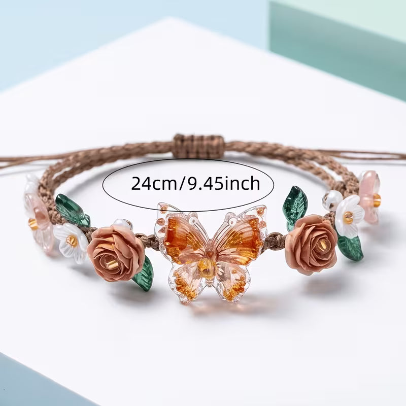 Caramel Butterfly Beaded Floral Bracelet