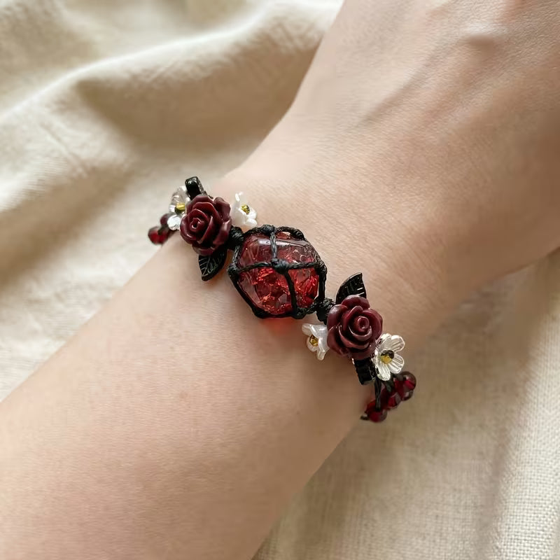 Handwoven Red Rose Bracelet β Vintage Boho Floral Cord Wristband