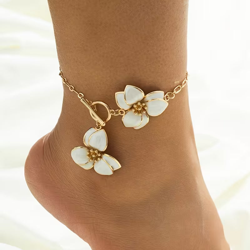 Handmade White Floral Double-Layer Anklet