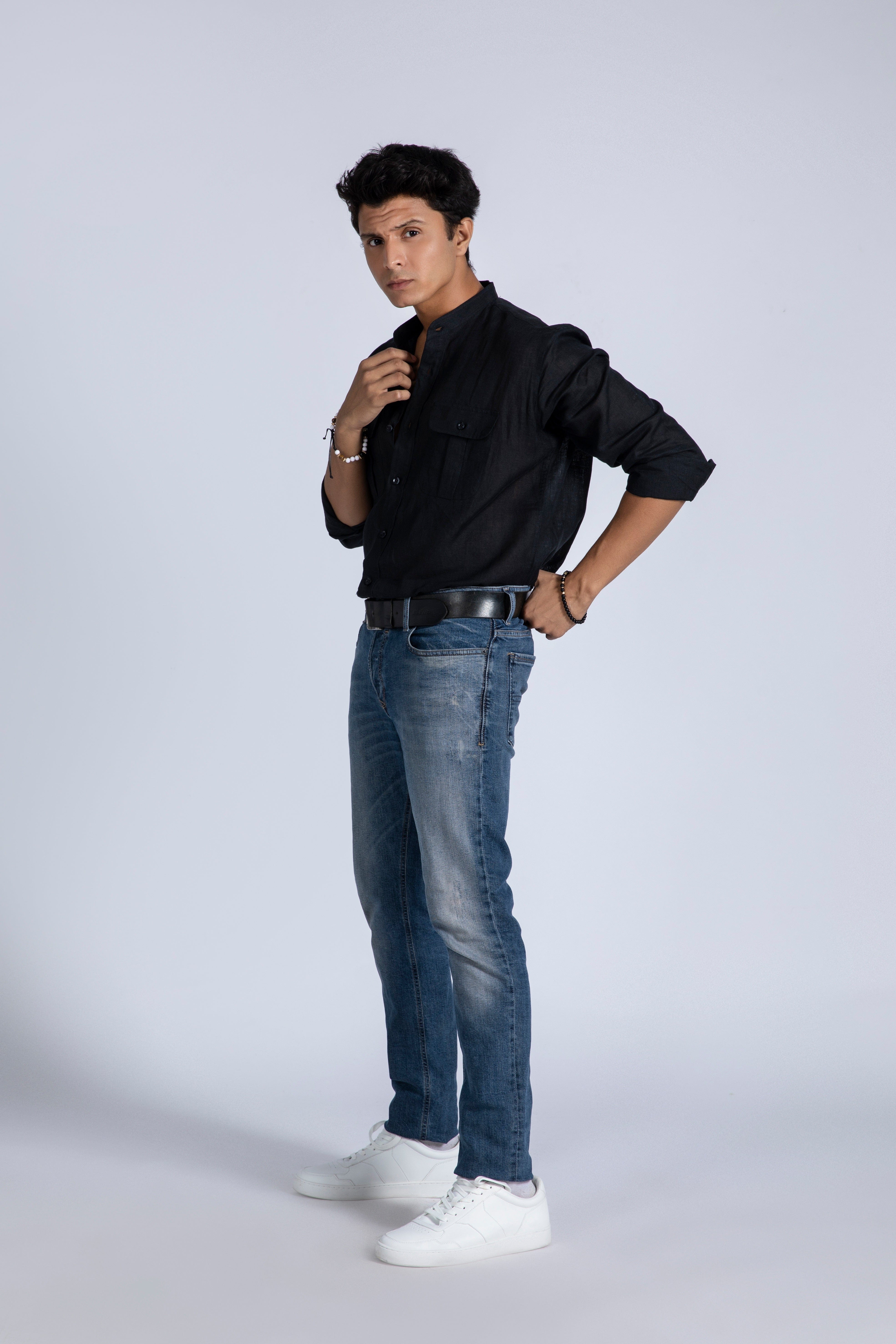 Linen Blend Banded Collar Shirt