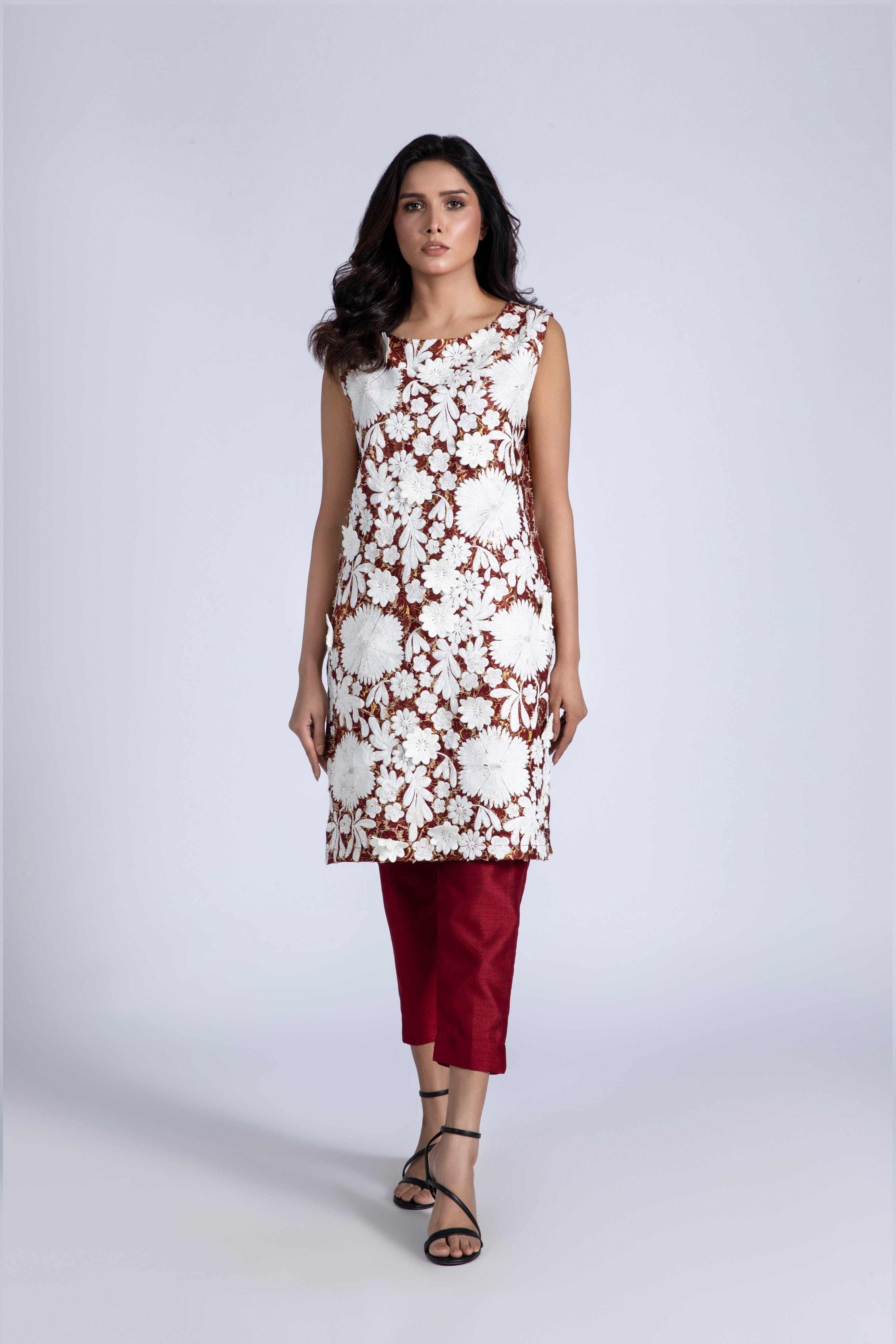 Sleeveless Embroidered Dress with Pants