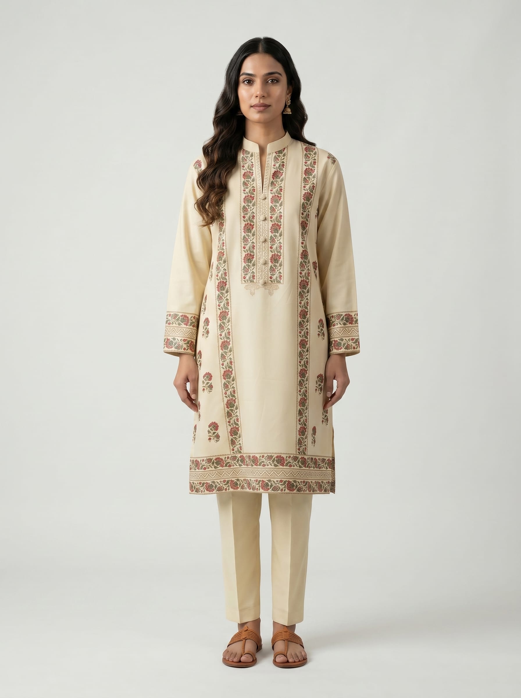 Beige Block Print Kurta Set