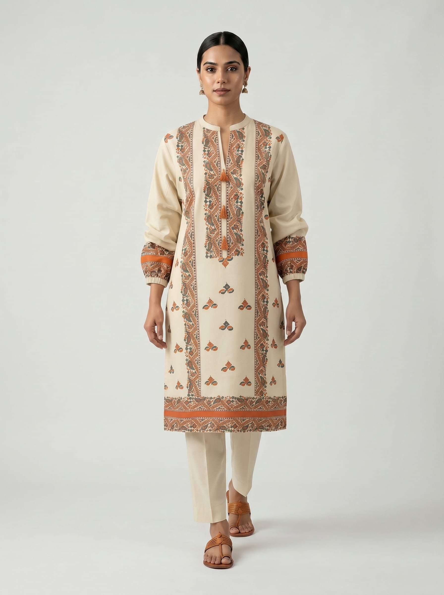 Beige Block Print Kurta Set