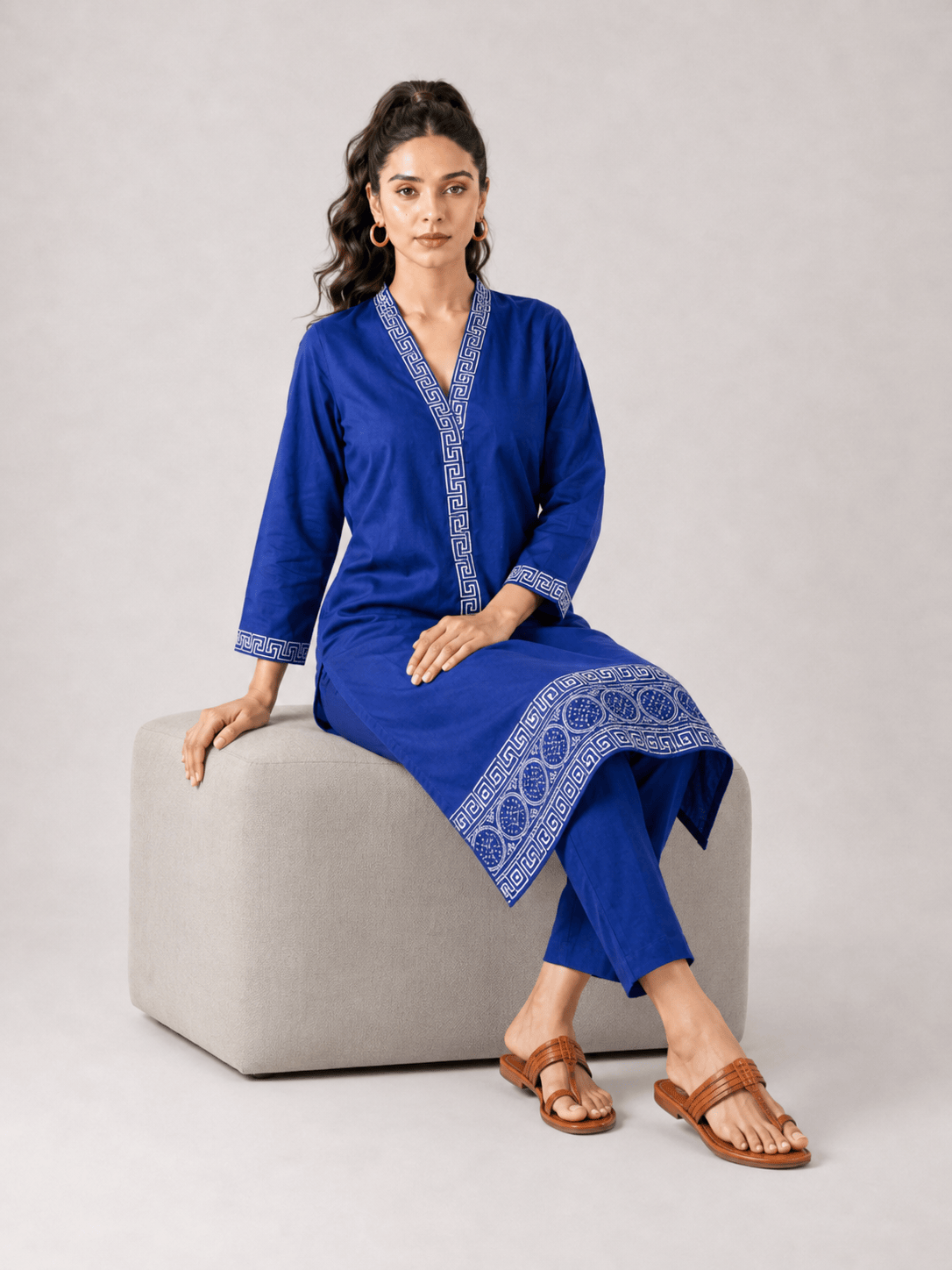 Royal Blue Greek Border Kurta Set