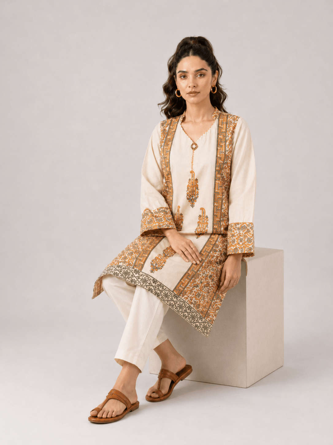 Beige Block-Print Kurti Set