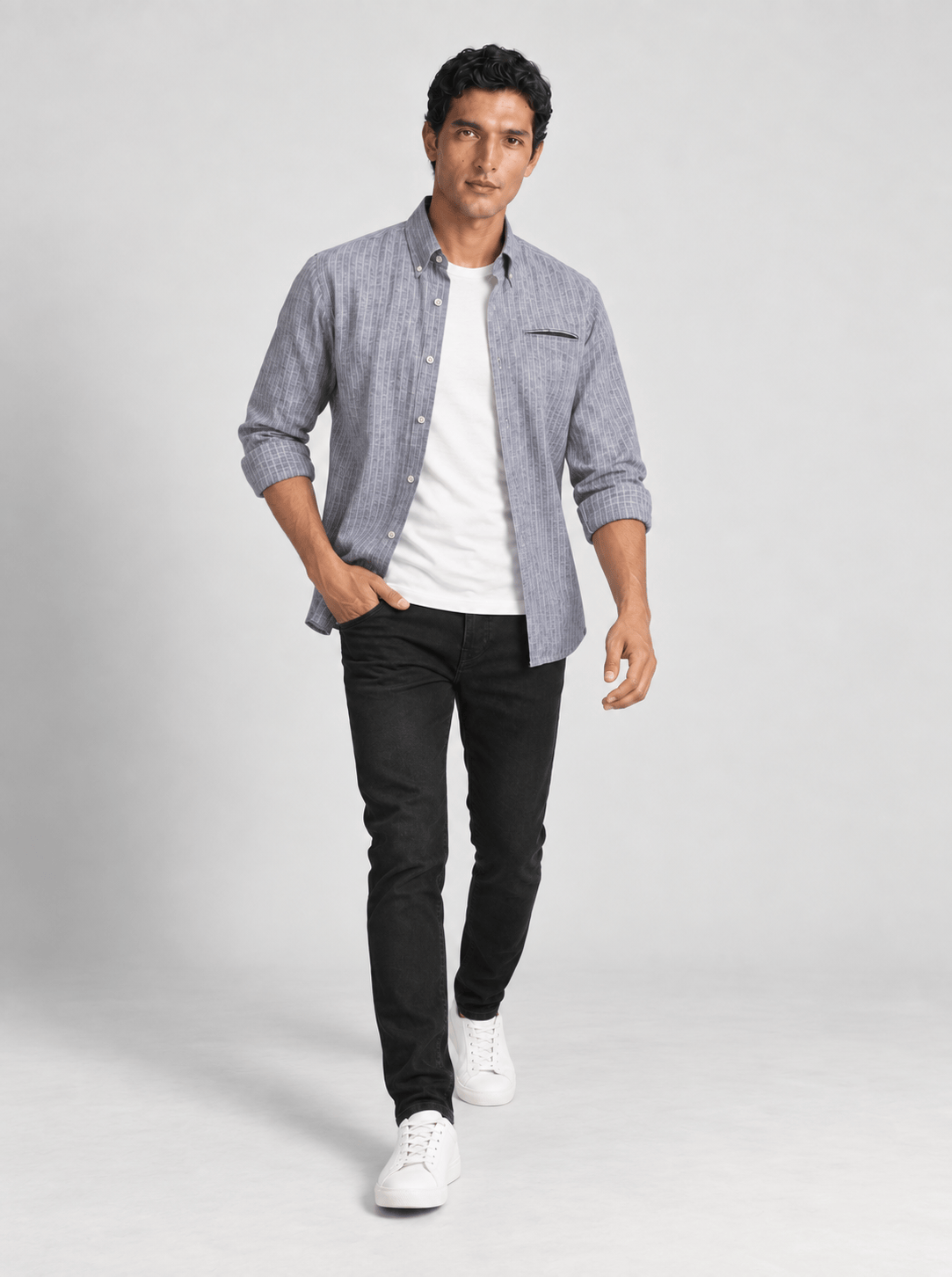 Men's Cotton Linen Blend Stripe Button Down Shirt.
