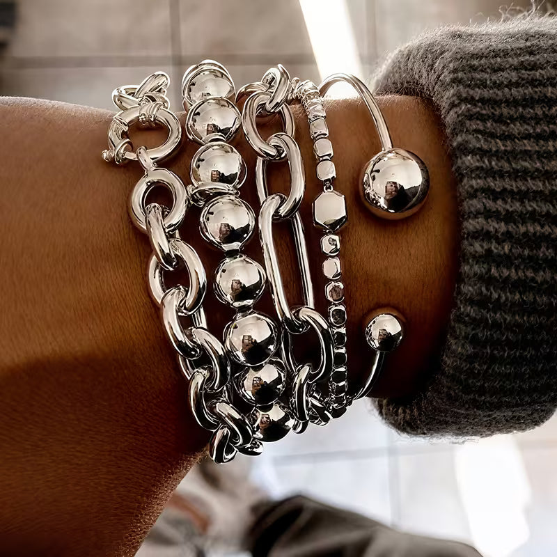 5PCS Chunky CCB Bead Open Bangle Bracelet Set