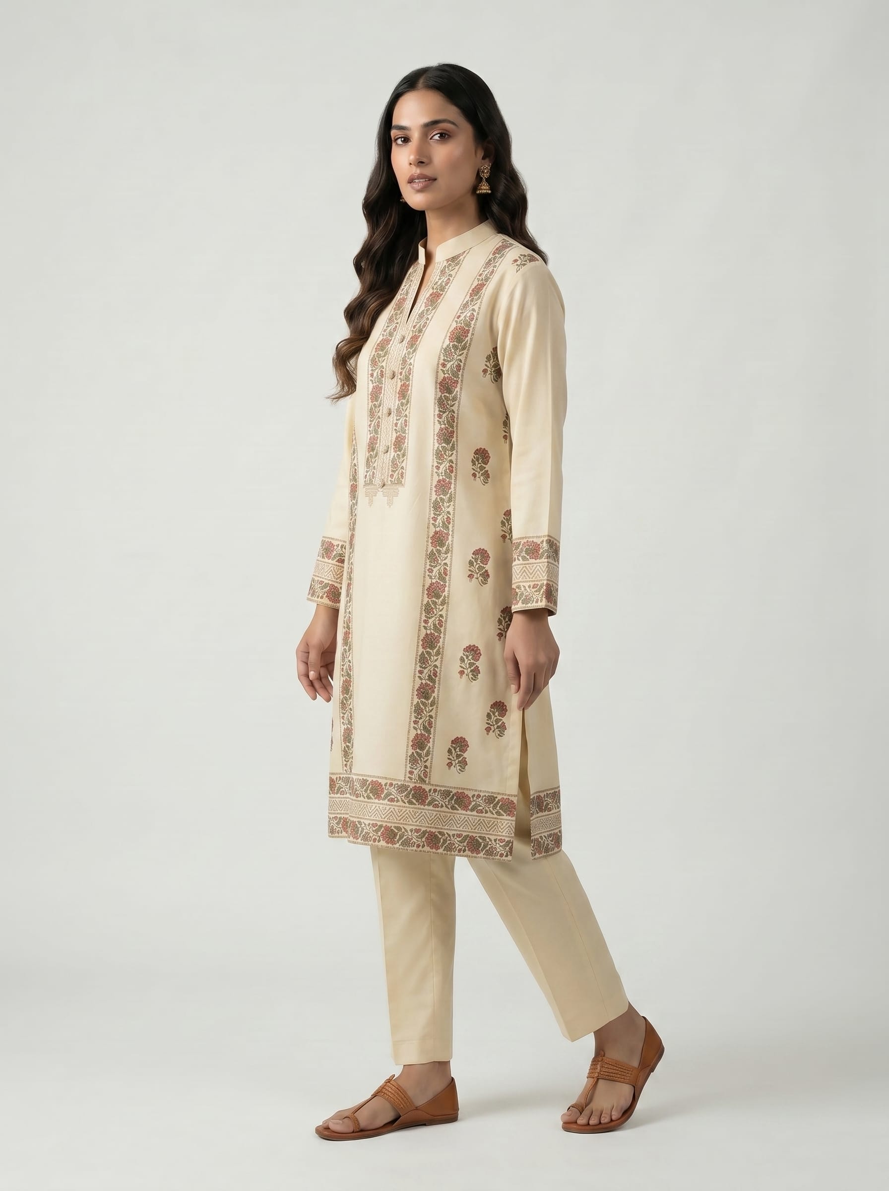 Beige Block Print Kurta Set
