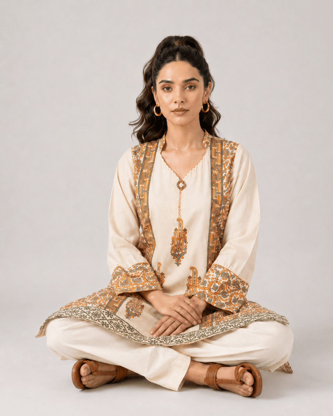 Beige Block-Print Kurti Set