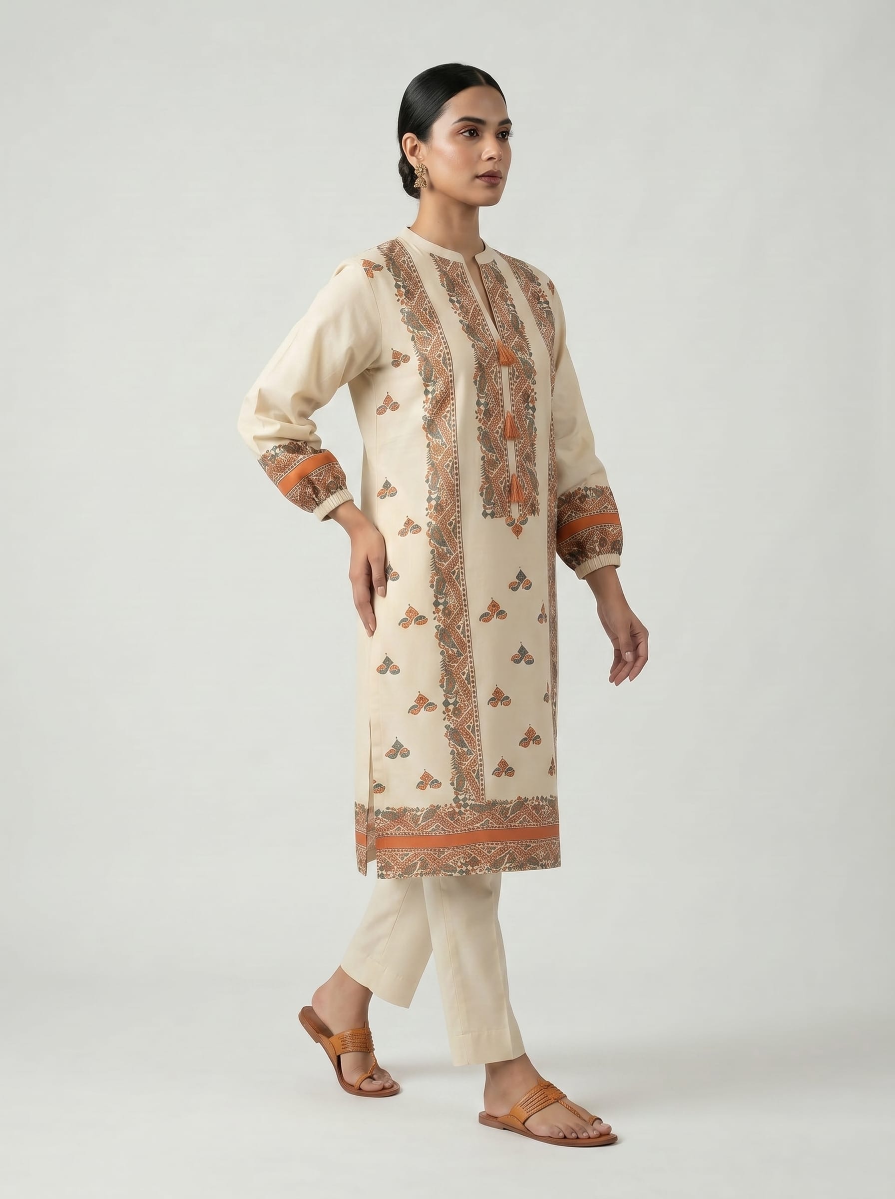 Beige Block Print Kurta Set