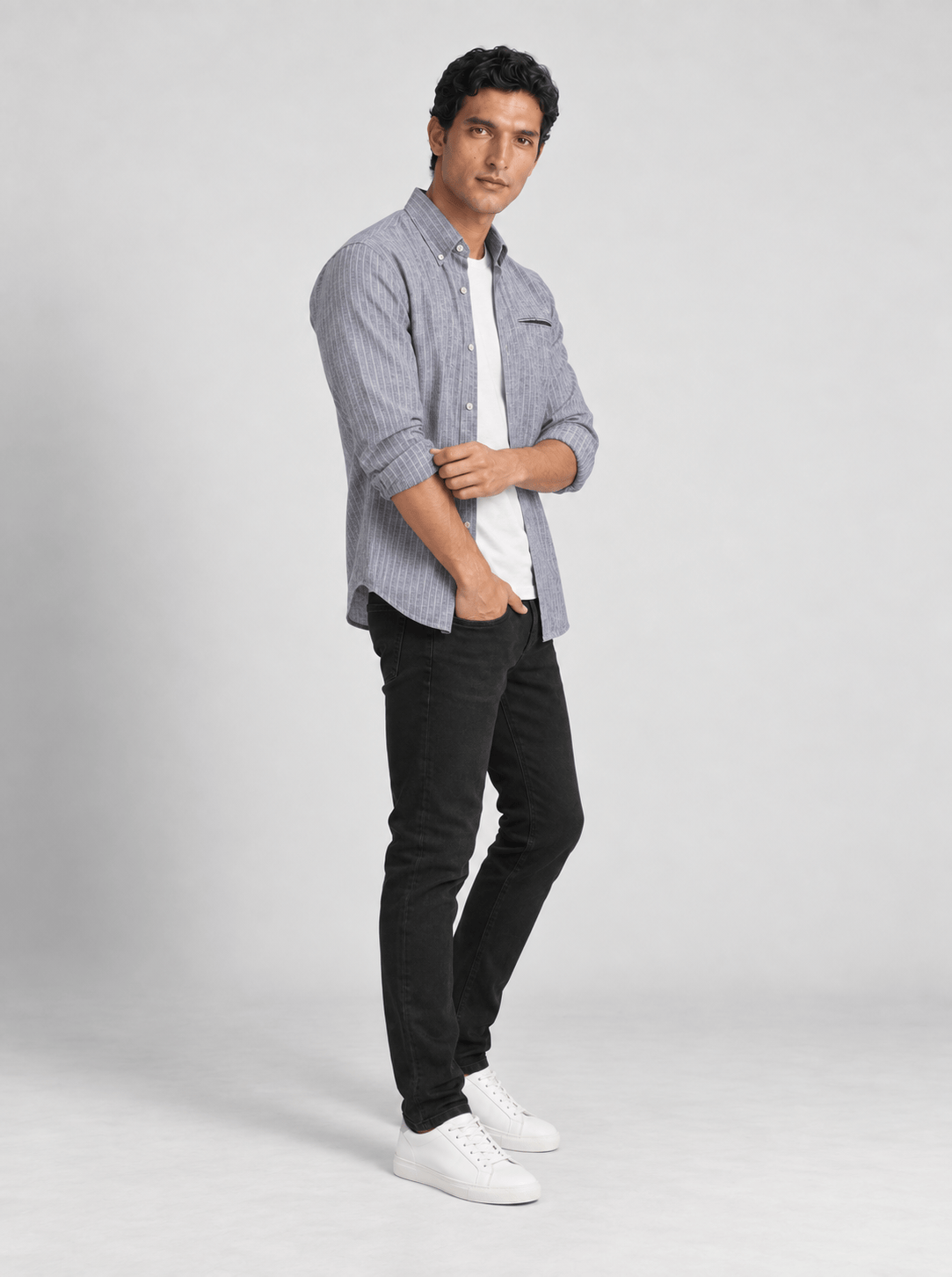 Men's Cotton Linen Blend Stripe Button Down Shirt.