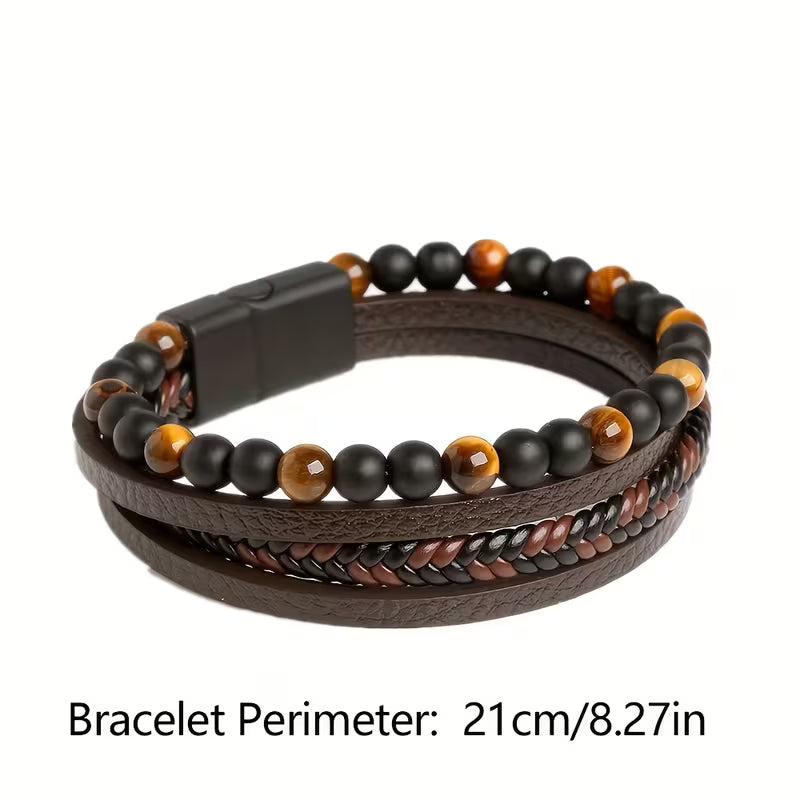 Layered Braided Tiger Eye PU Leather Bracelet