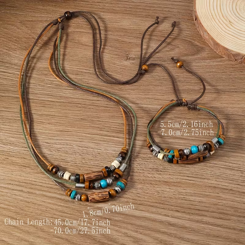 Vintage Boho Wooden Bead Jewelry Set
