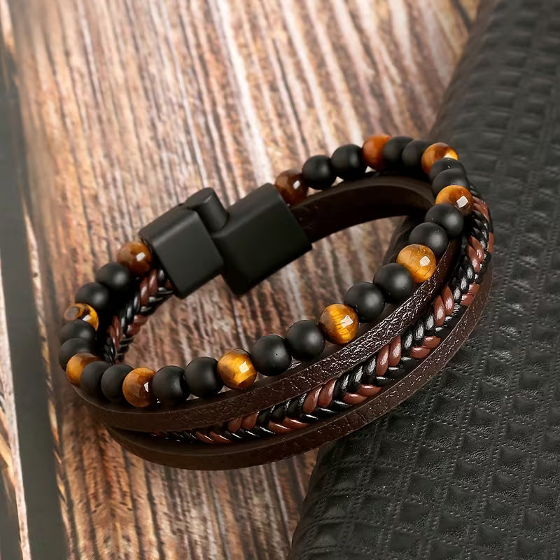 Layered Braided Tiger Eye PU Leather Bracelet