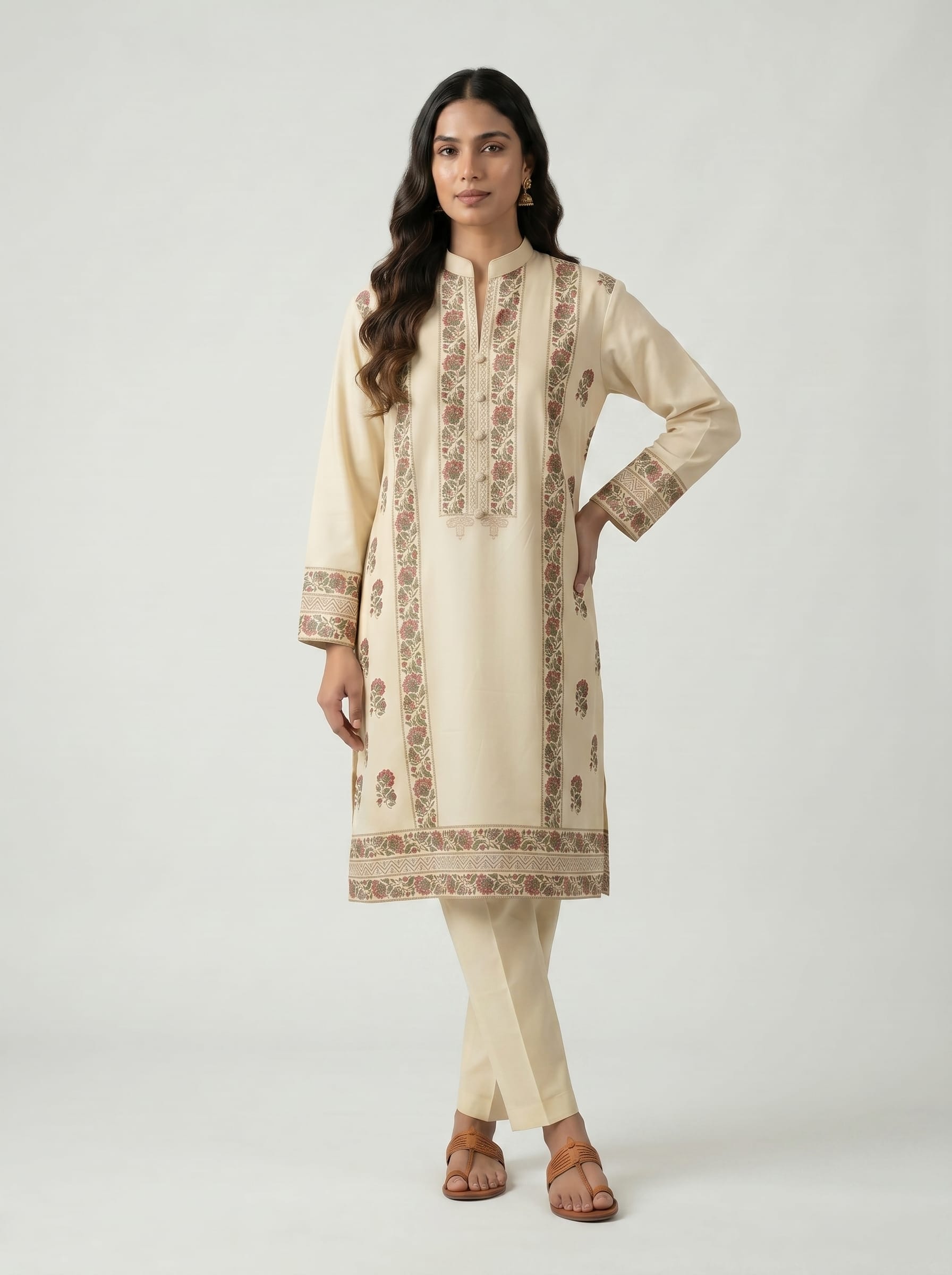 Beige Block Print Kurta Set