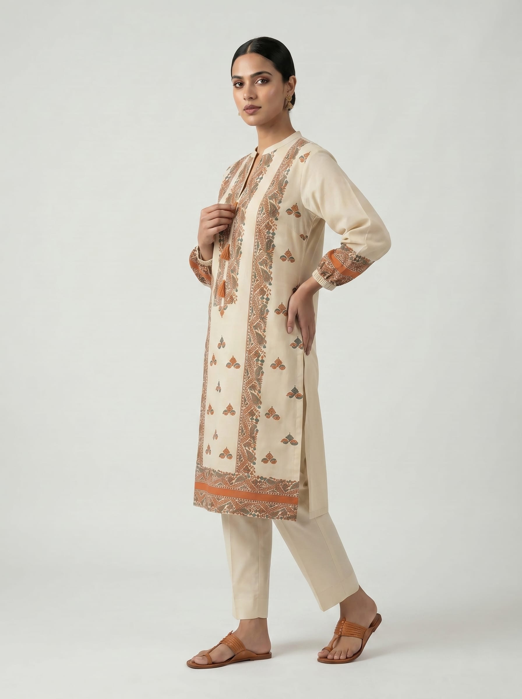 Beige Block Print Kurta Set