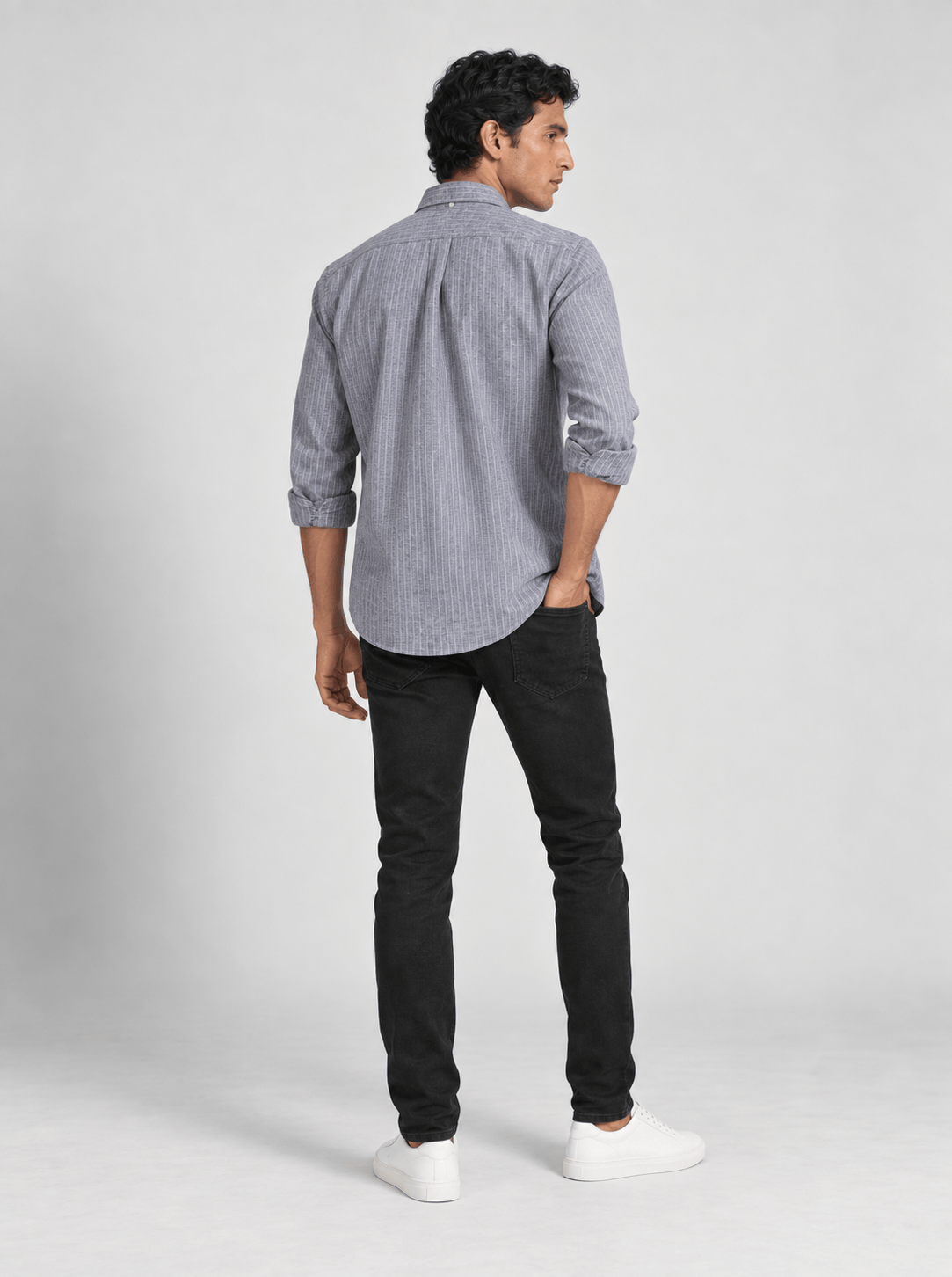 Men's Cotton Linen Blend Stripe Button Down Shirt.