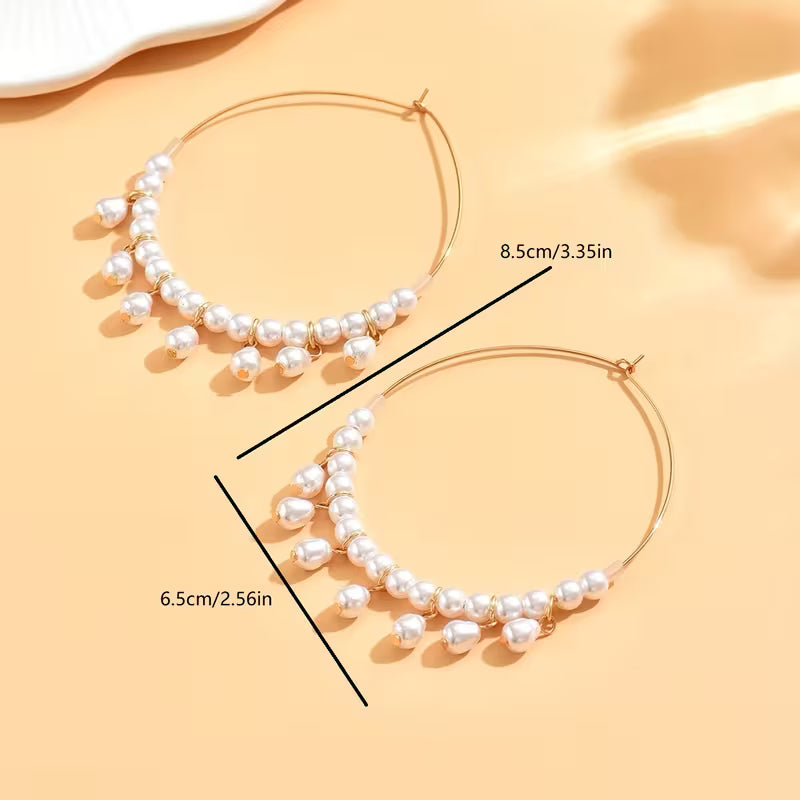 Elegant Pearl Oval Drop Hoop Earrings