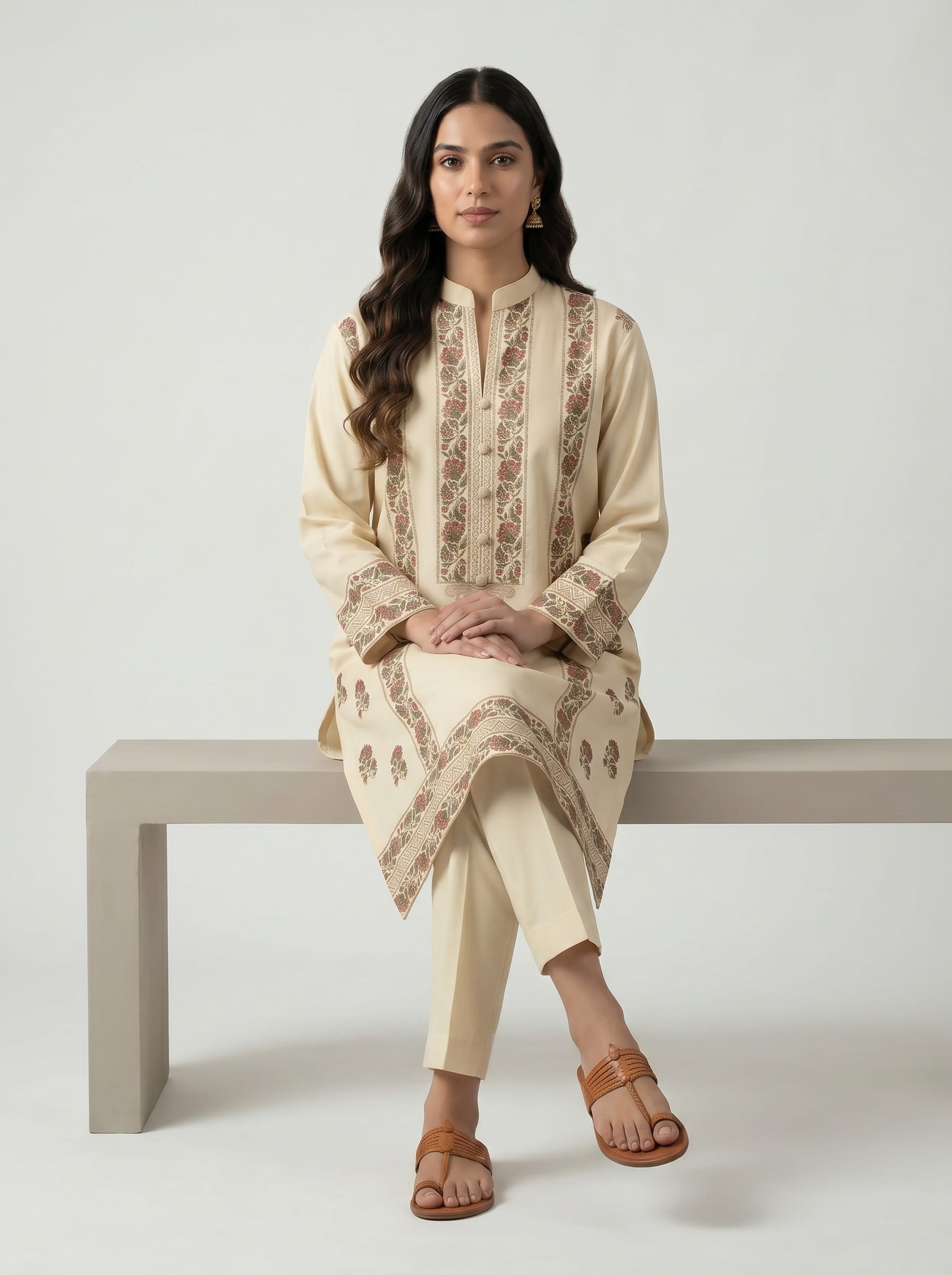 Beige Block Print Kurta Set