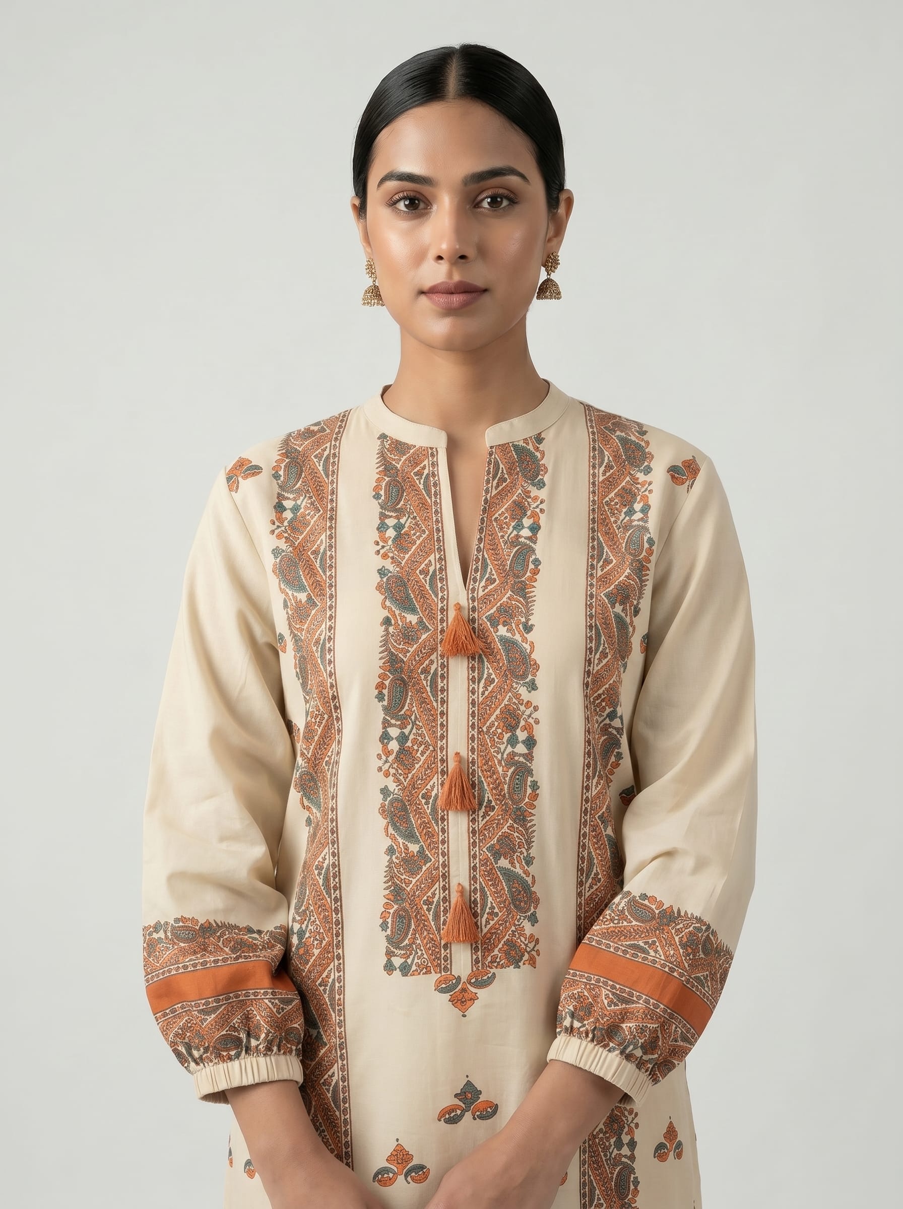 Beige Block Print Kurta Set