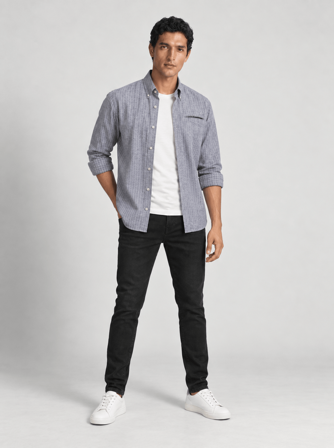 Men's Cotton Linen Blend Stripe Button Down Shirt.