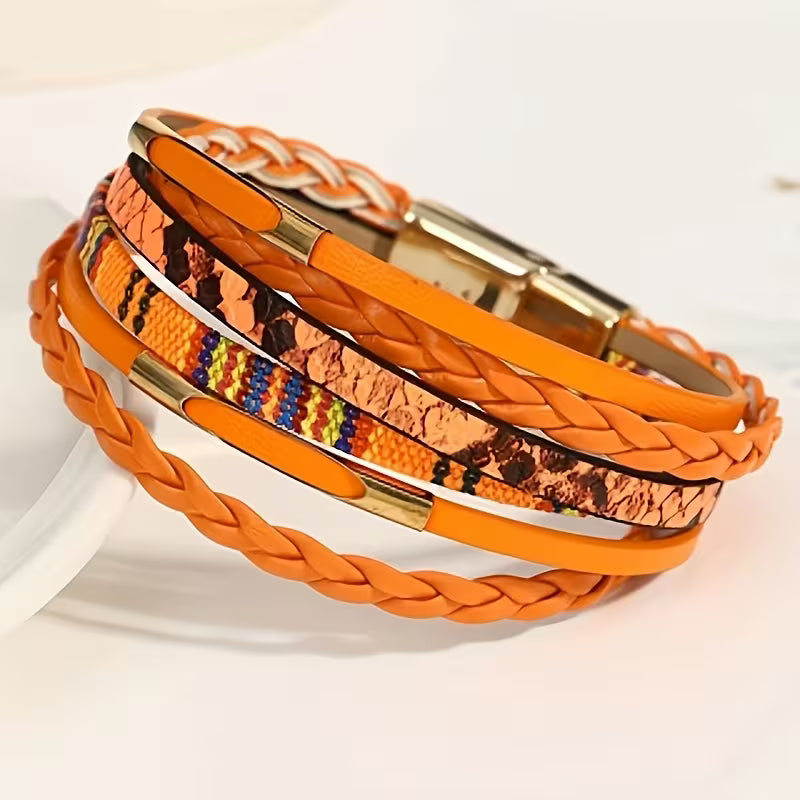 Orange & Black Braided Wrap Leather Bracelet