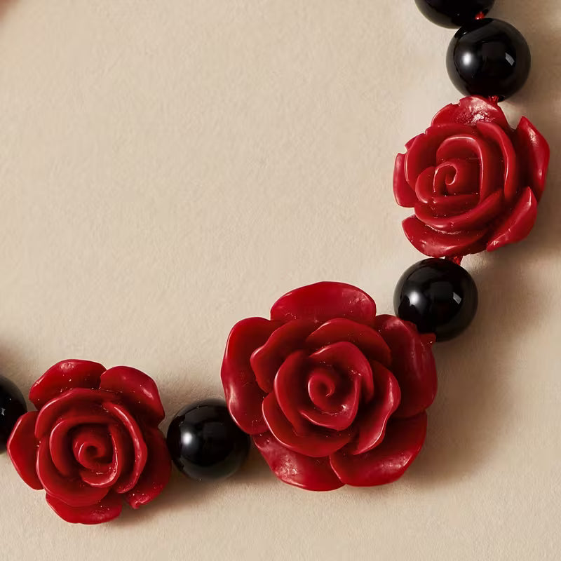Red Rose & Black Beaded Adjustable Bracelet