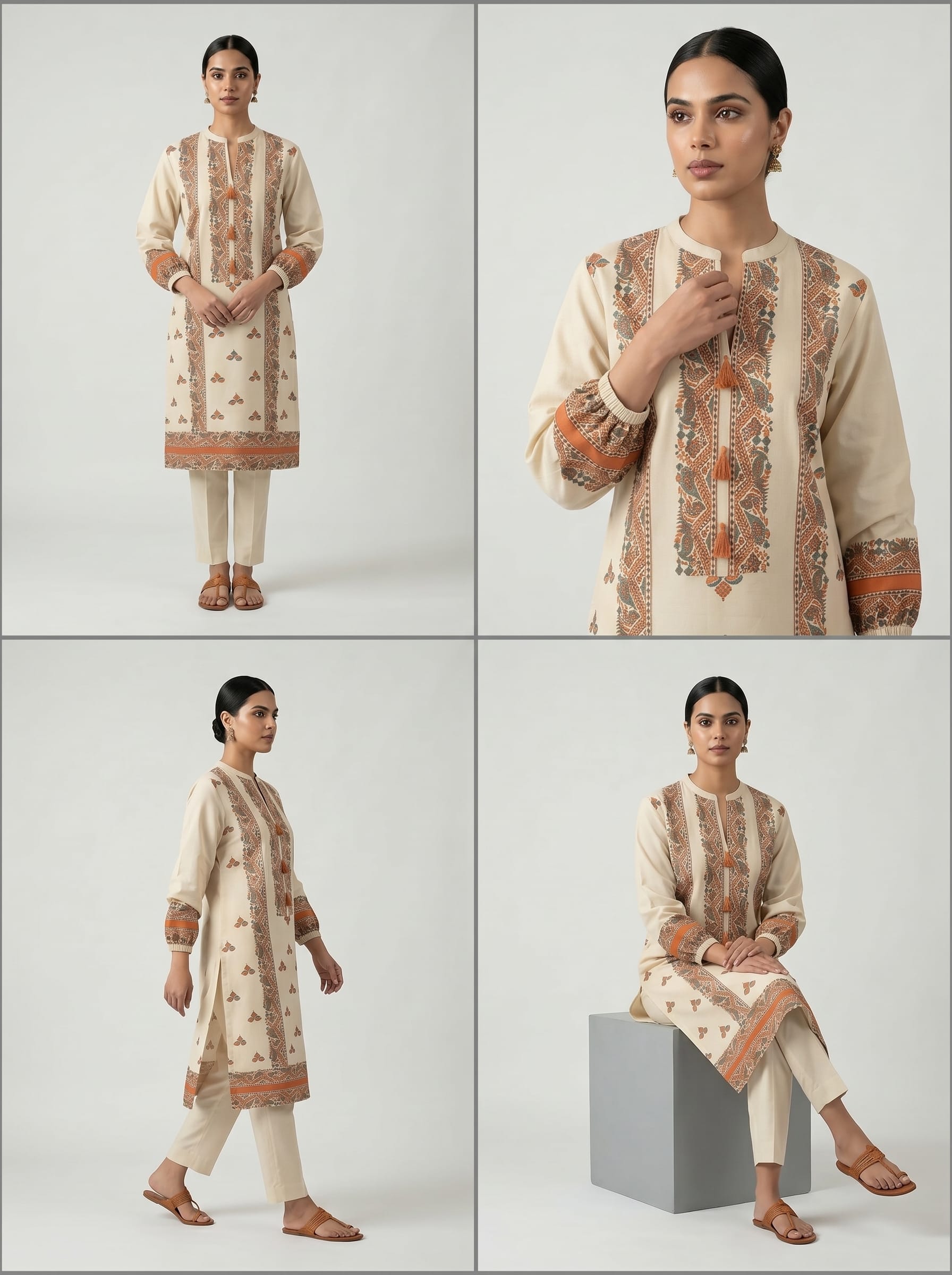 Beige Block Print Kurta Set