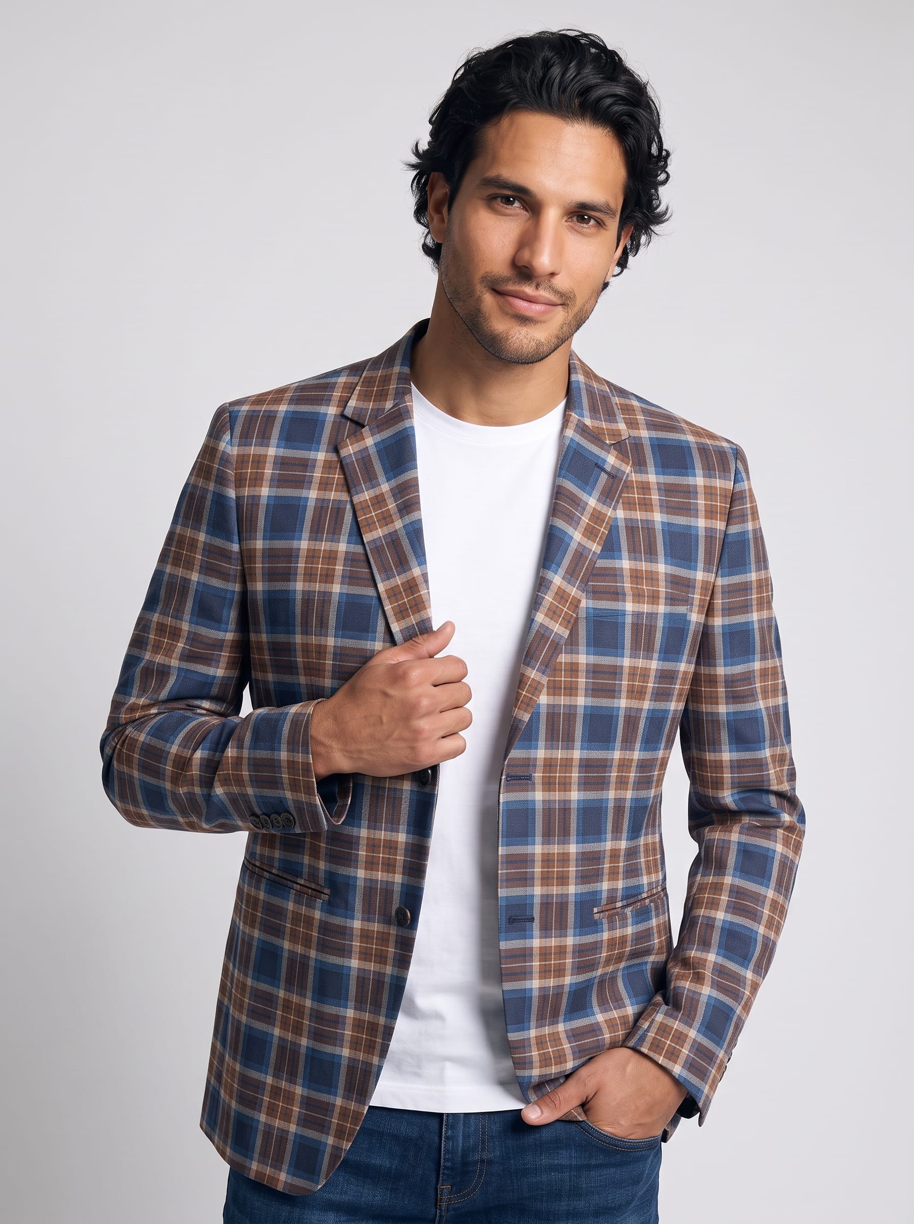 Men's Cotton Yarn-Dyed Blue & Brown Plaid Blazer