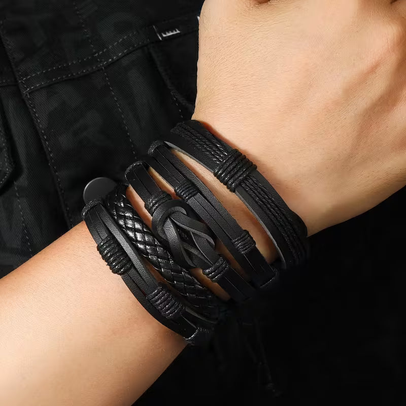 5-Piece Black Handwoven Men's Bracelet Set