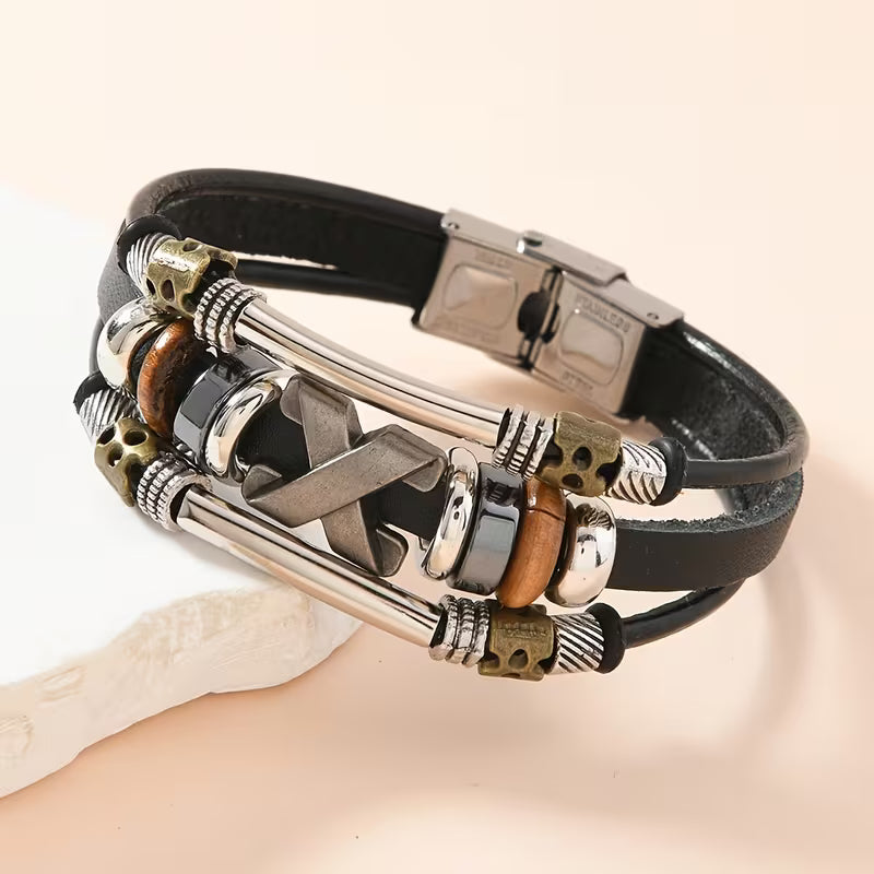 Vintage Genuine Leather Beaded Bracelet