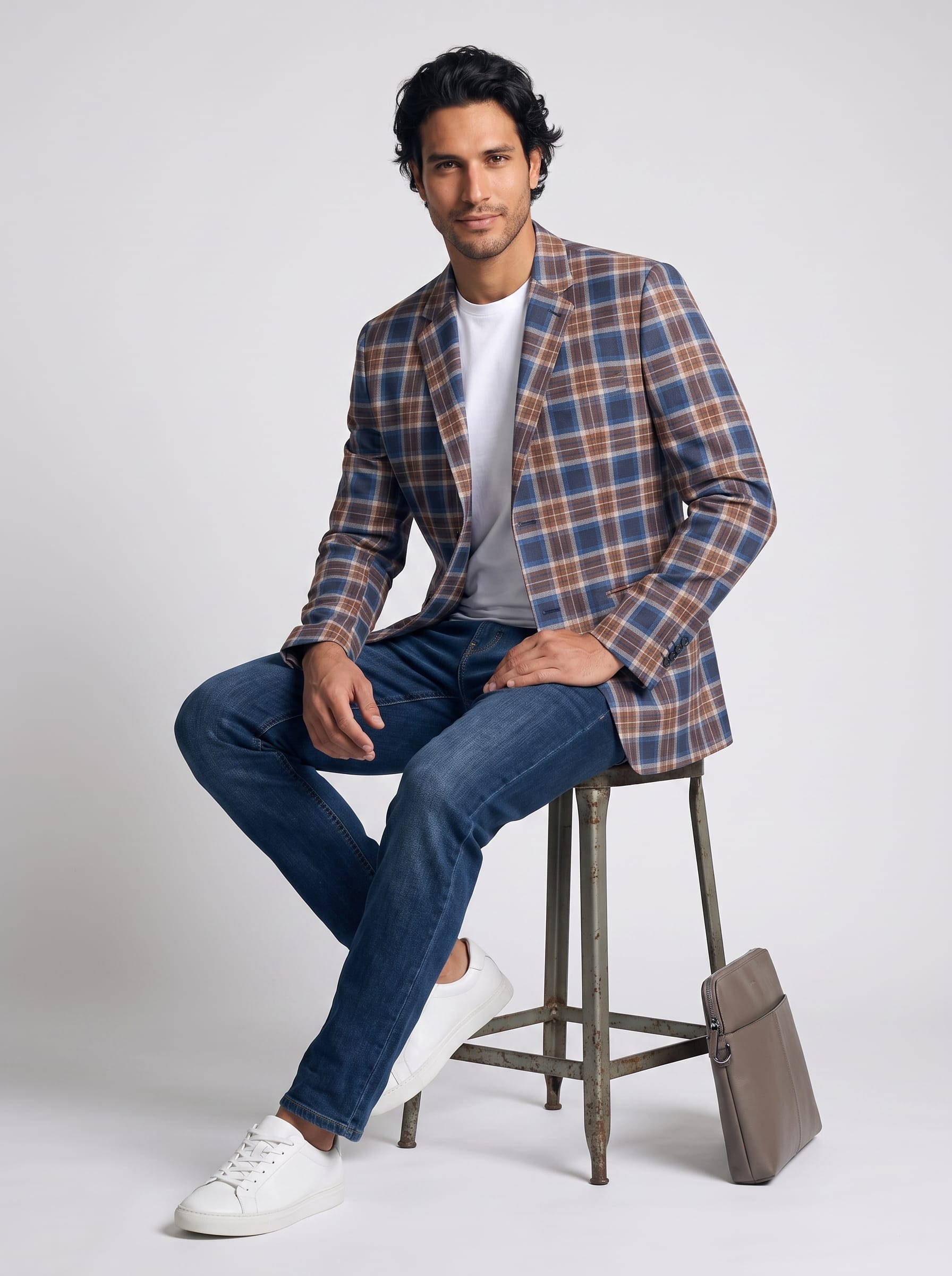 Men's Cotton Yarn-Dyed Blue & Brown Plaid Blazer