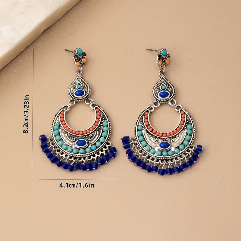Boho Turquoise Moon Tassel Earrings