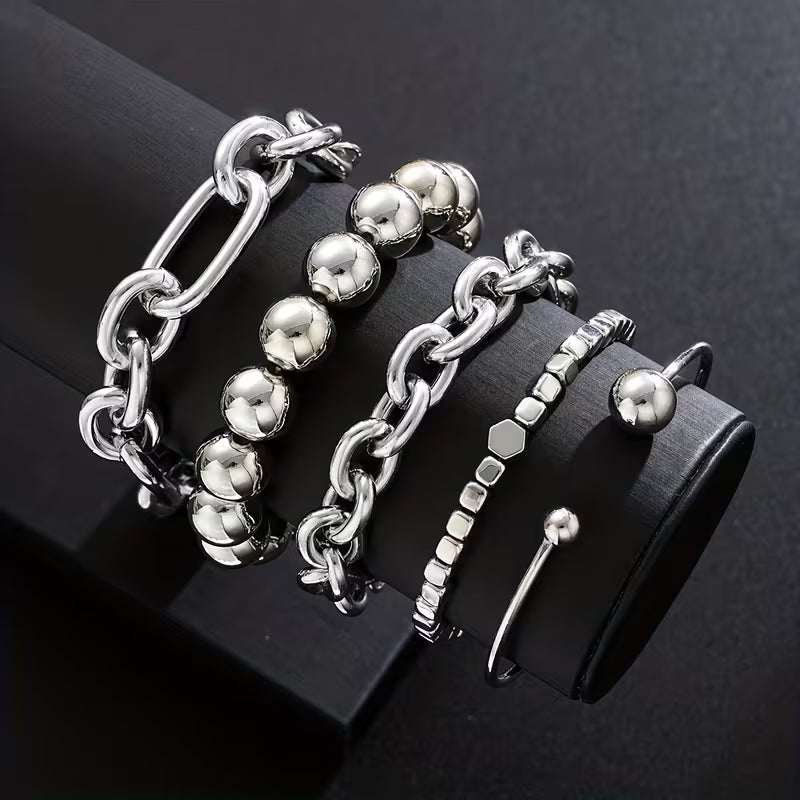 5PCS Chunky CCB Bead Open Bangle Bracelet Set