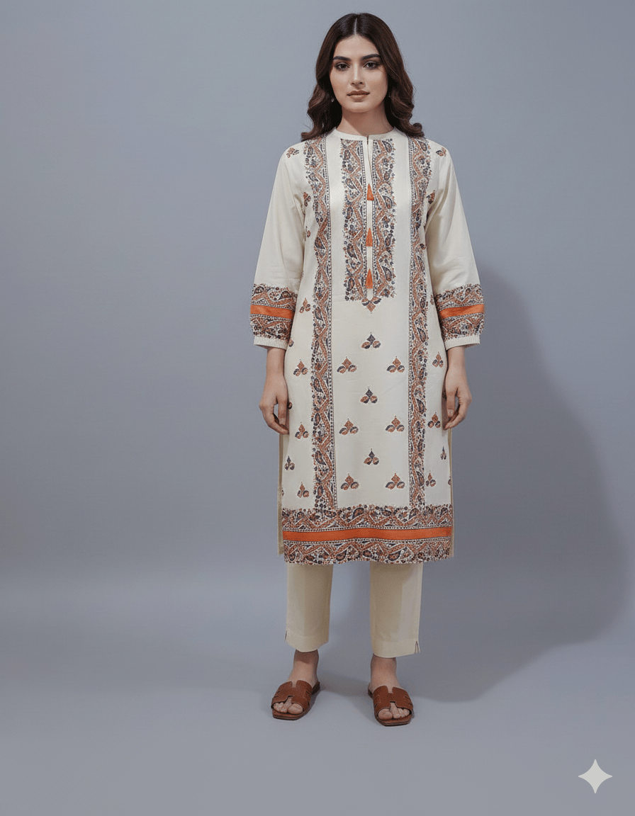 Beige Block Print Kurta Set