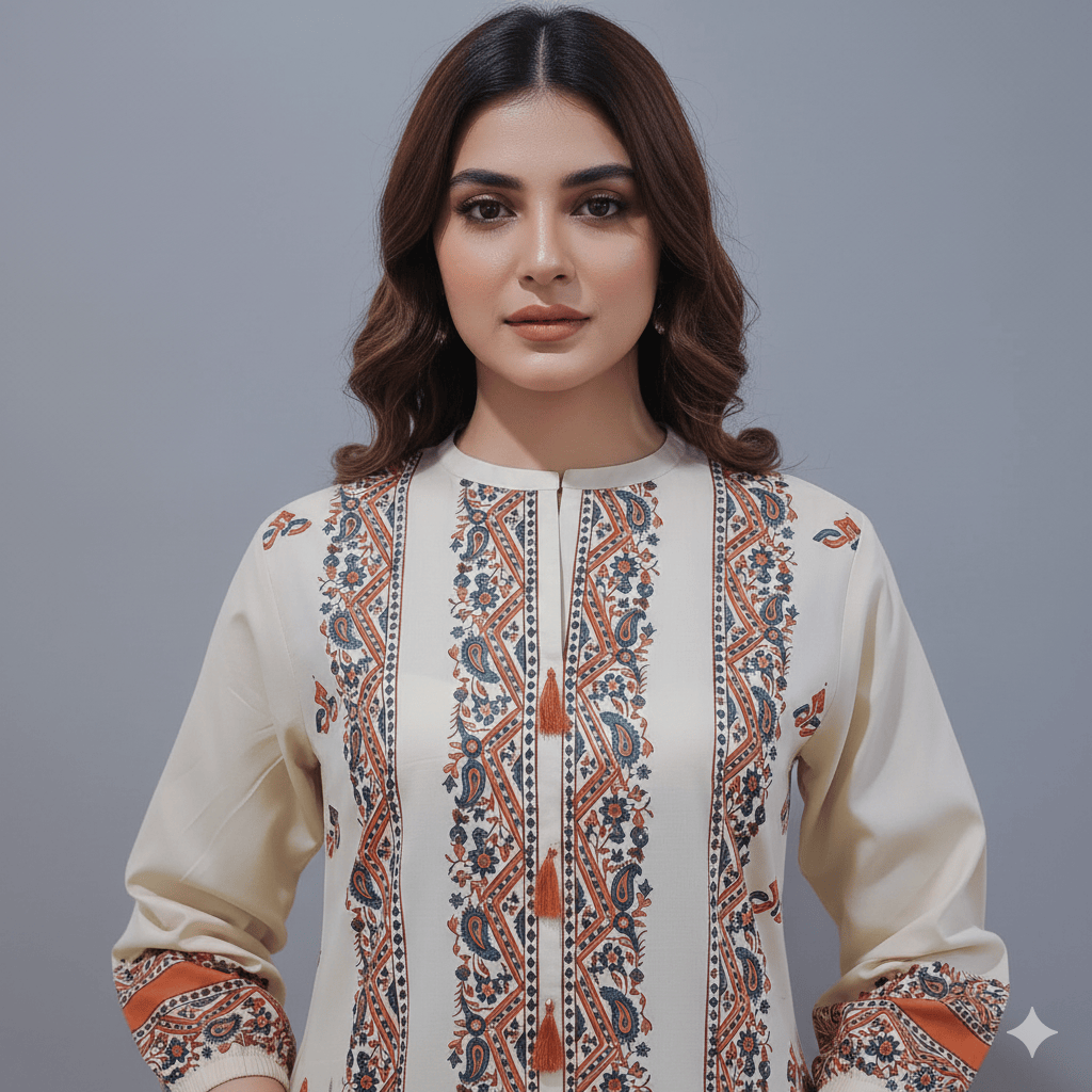 Beige Block Print Kurta Set