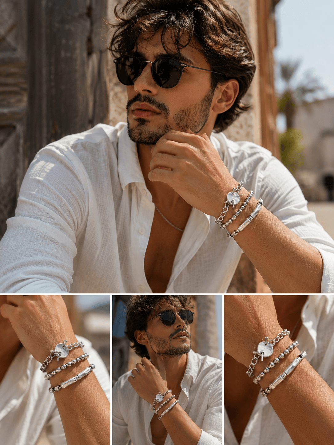 Exquisite Silver Beaded Punk Bracelet Set For Men's