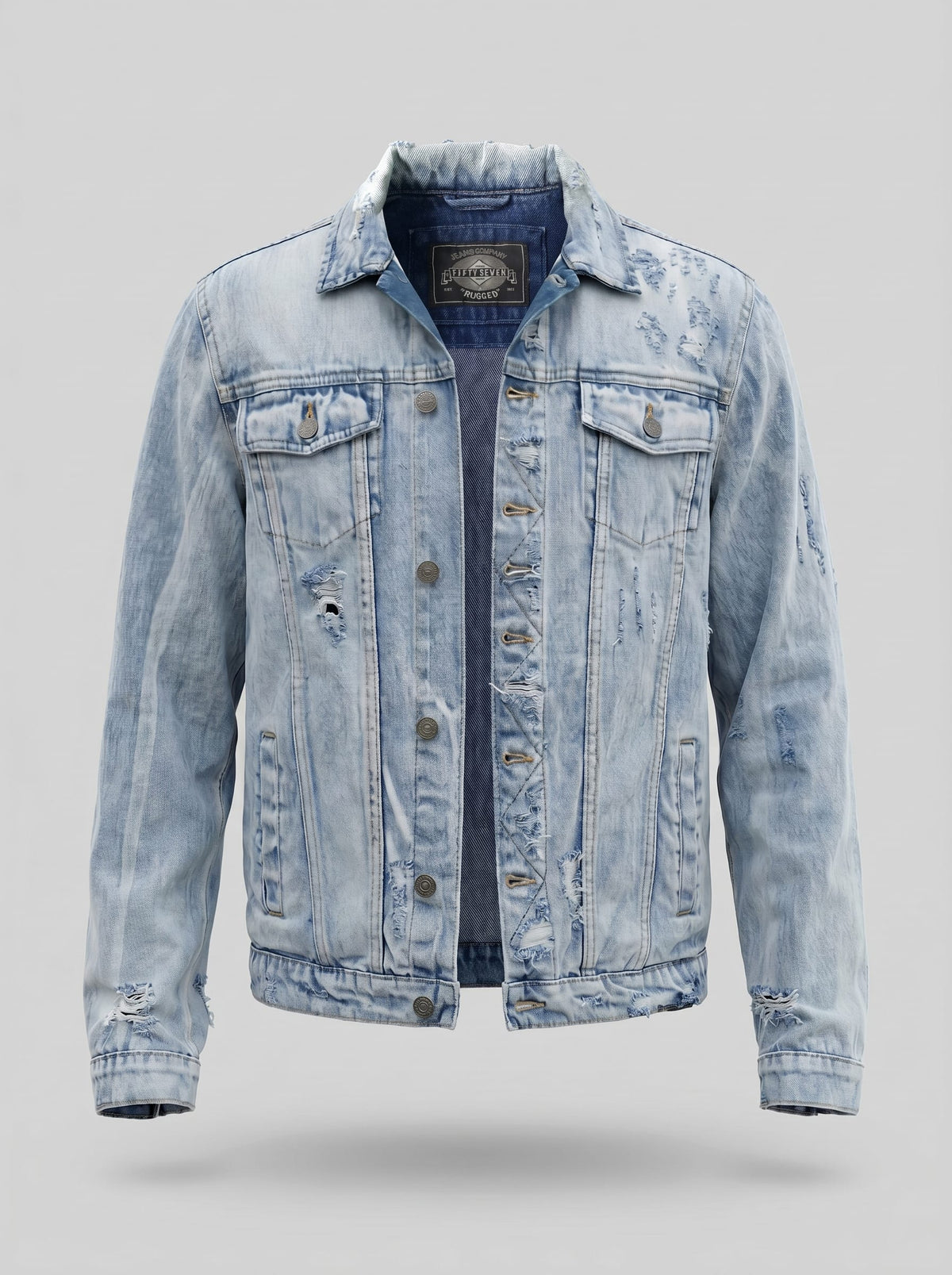 Classic Blue Denim Jacket-A light-wash distressed denim jacket with a faded blue wash and subtle rips, shown on a neutral gray background.
