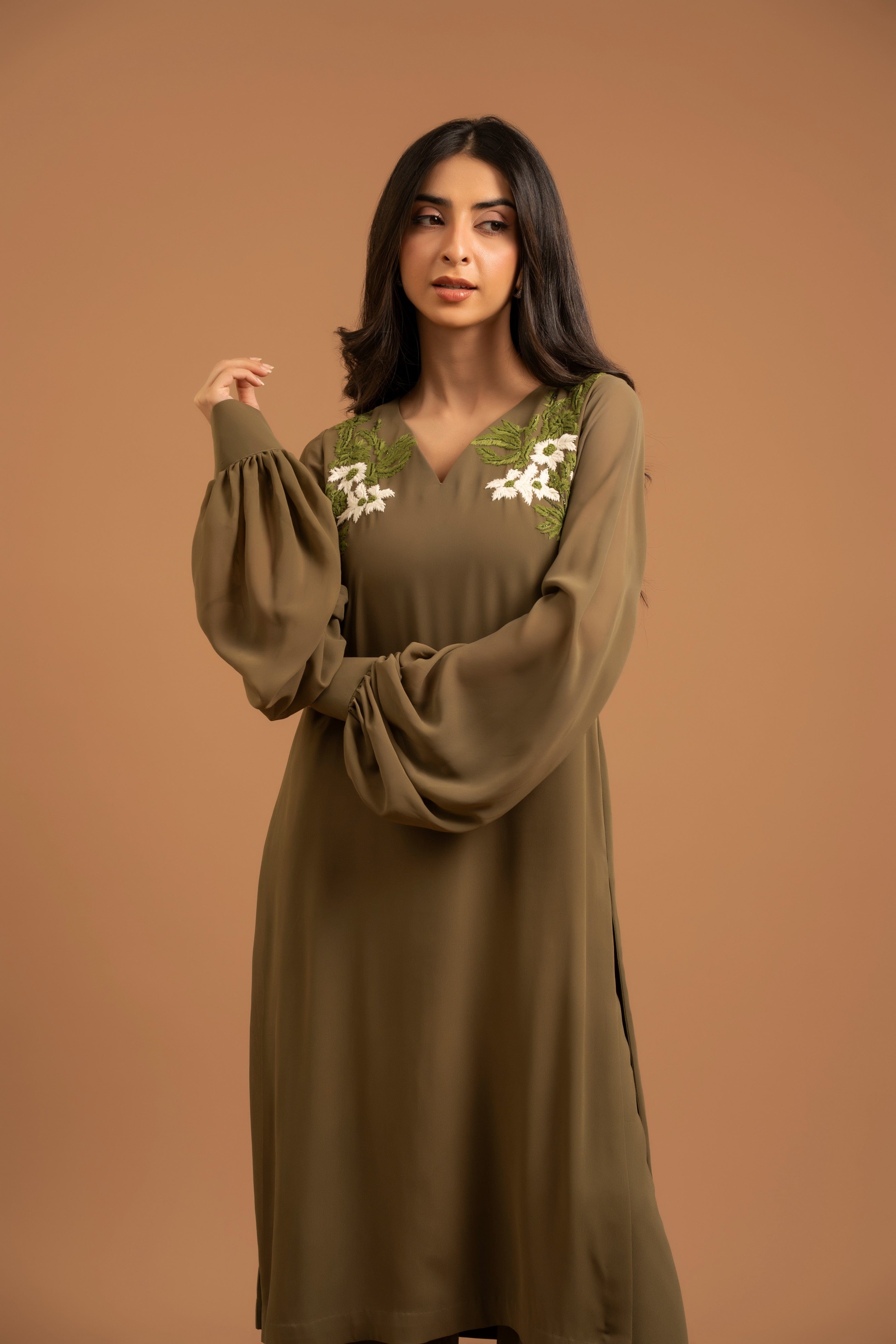 Embroidered Olive Chiffon Set