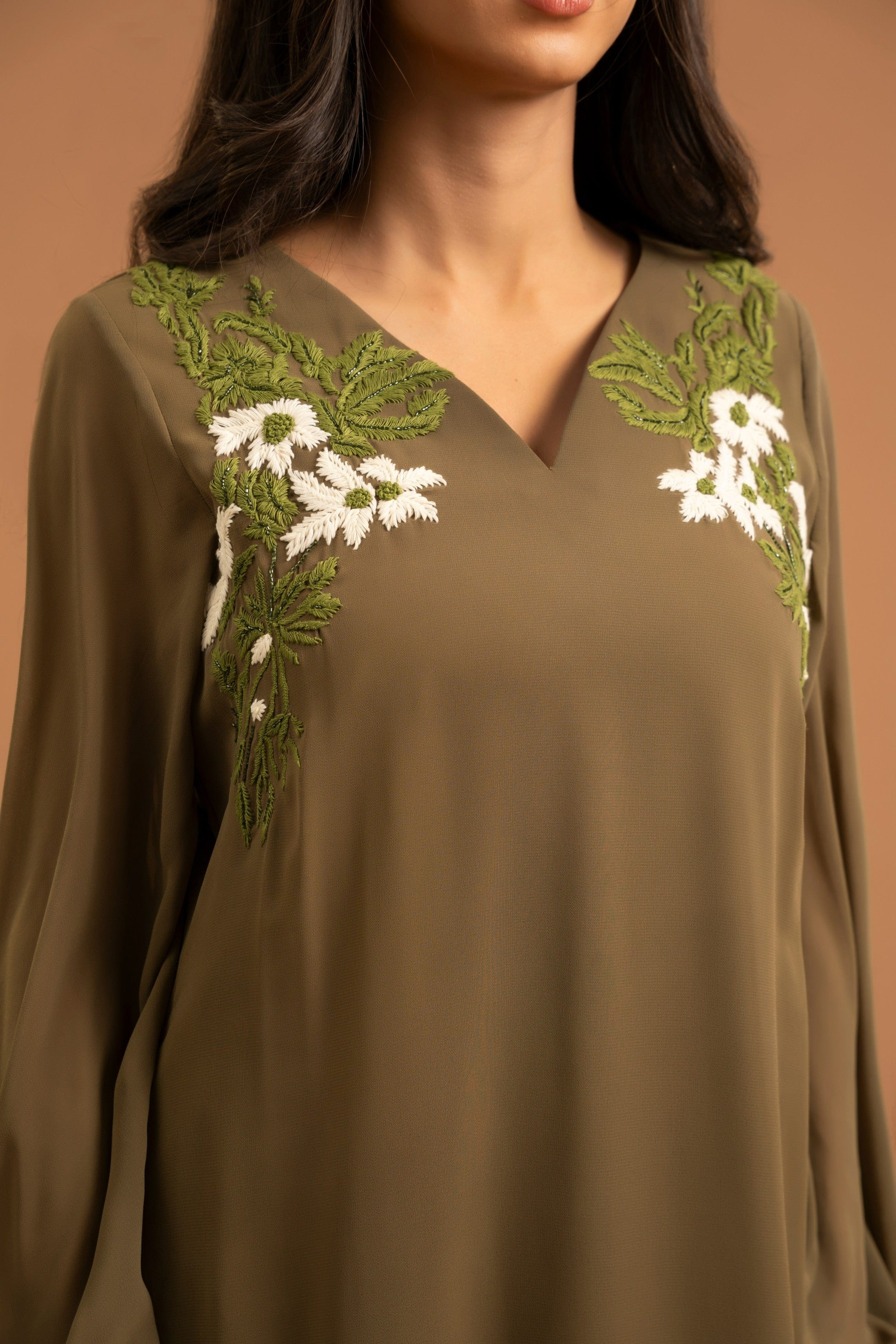 Embroidered Olive Chiffon Set